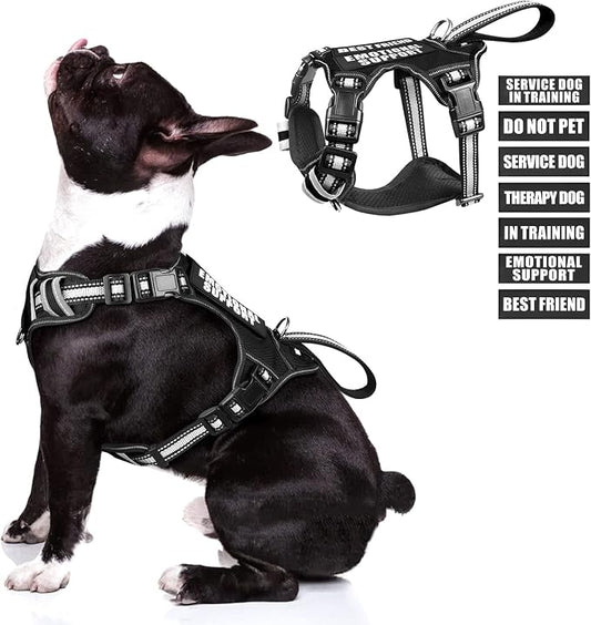WINSEE Service Dog Vest No Pull Dog Harness with 7 Dog Patches, Reflective Pet Harness with Durable Soft Padded Handle for Training Small, Medium, Large, and Extra-Large Dogs (Medium, Black)