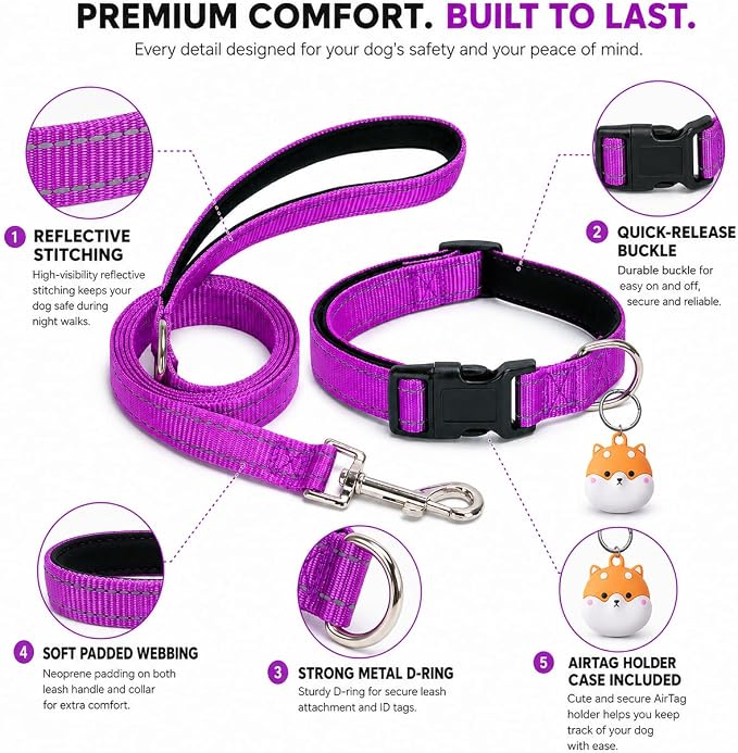 Reflective Soft Neoprene Padded Matching Dog Collar with Leash Airtag Holder Case Set Safety Breathable Adjustable Nylon Dog Collars for X-Small Small Medium Large Dogs-Purple-M