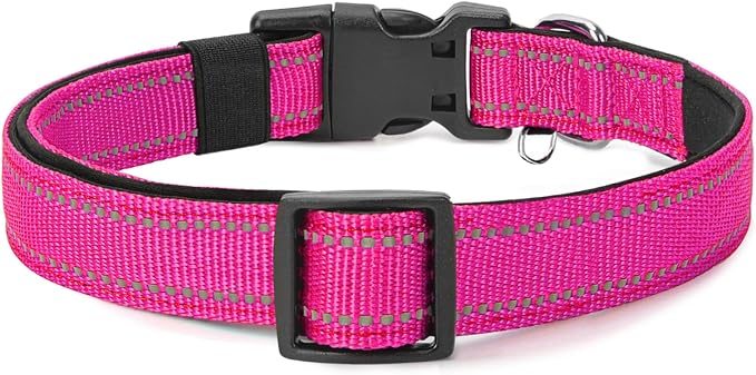Reflective Nylon Dog Collar for Small Dogs,Neoprene Padding,Hot Pink,XS
