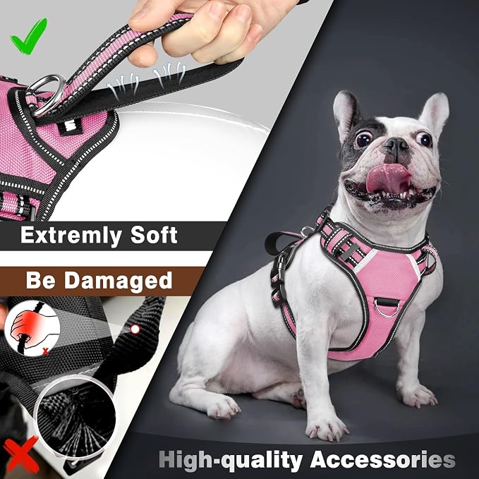 WINSEE Large Pink Service Dog Harness with 7 Patches, No Pull Reflective Dog Vest for Training, Mesh Soft Padded Handle, Adjustable Fit for Dogs 50-80 lbs.