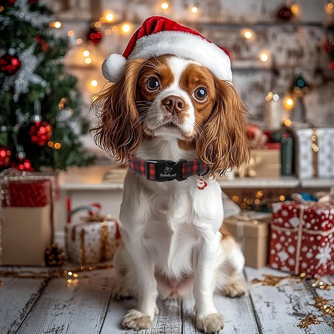 Christmas Dog Collar for Small Dogs - Vintage Red Green Tartan Christmas Collars for Dogs, Soft Adjustable Winter Holiday Dog Collars with Quick Release Buckle S