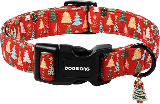 DOGWONG Red Christmas Dog Collar, Cute Christmas Tree Dog Collar Durable Soft Fabric Pet Dog Collars Girl Boy Puppy Necklace for Small Medium Large Dogs，M