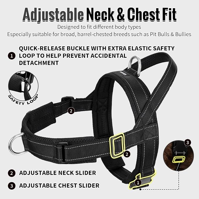 Arblina No Pull Dog Harness with Soft Mesh Padded, Fully Adjustable Walking Harness with Handle for Medium Large Dogs, Reflective Front Clip Harness for Training and Hiking, Black, XL
