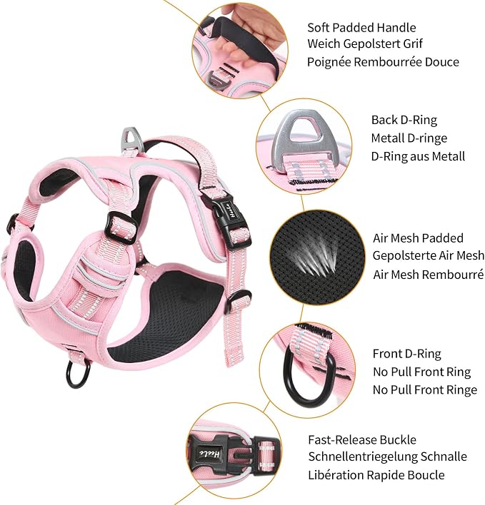HEELE Dog Harness, No Pull Adjustable Padded Reflective Harness for Small Medium Large Dogs with Handle for Walking Training, Pink, L