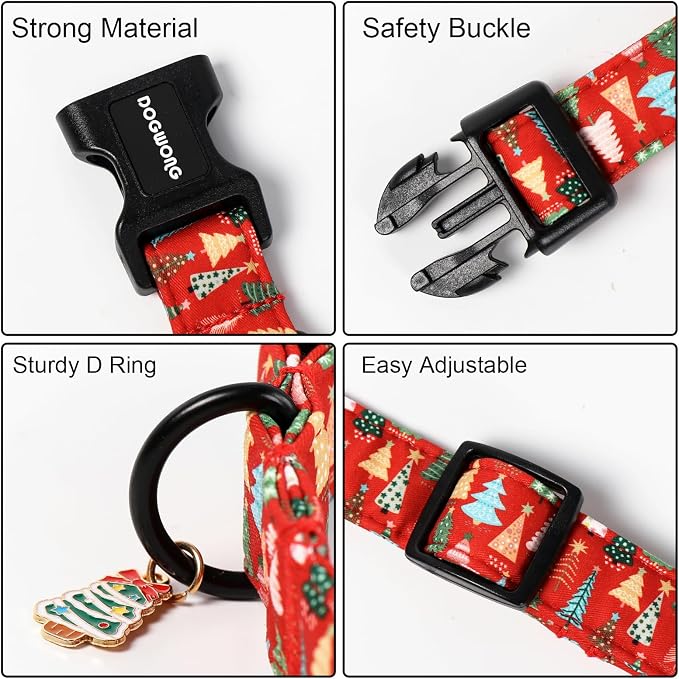 DOGWONG Red Christmas Dog Collar, Cute Christmas Tree Dog Collar Durable Soft Fabric Pet Dog Collars Girl Boy Puppy Necklace for Small Medium Large Dogs，M