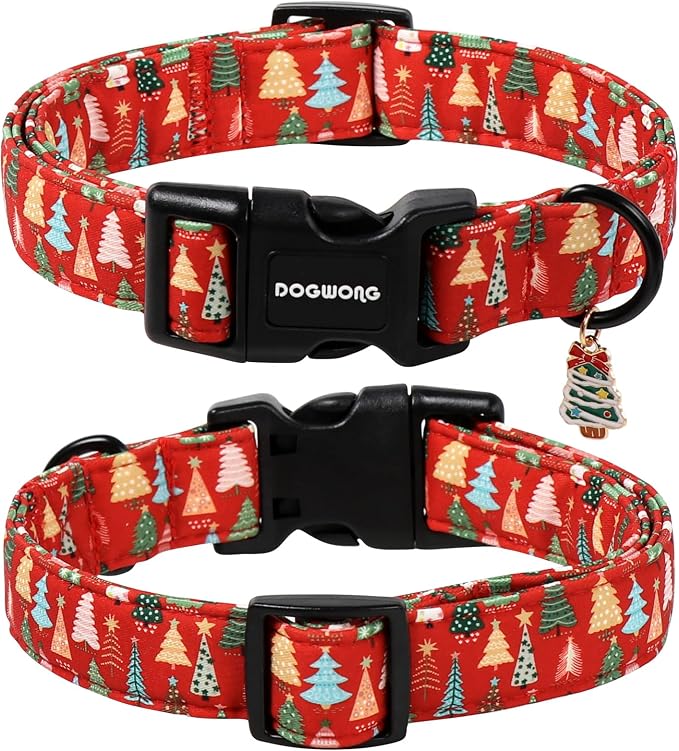 DOGWONG Red Christmas Dog Collar, Cute Christmas Tree Dog Collar Durable Soft Fabric Pet Dog Collars Girl Boy Puppy Necklace for Small Medium Large Dogs，M