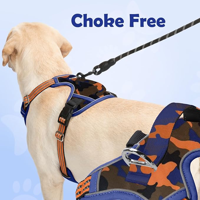 Funfox Dog Harness No Pull, Adjustable Pet Vest Harness, Super Soft Material with Vertical Handle Easy Control, Reflective Night Walking, 2 Leash Clips for Medium Sized Dogs, Camo Orange, M