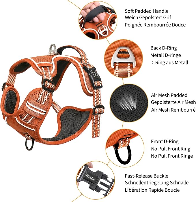 HEELE Dog Harness for Large Dogs No Pull Dog Vest Harness for Large Dog with Soft Padded Handle Reflective for Outdoor Training, Pumpkin Orange, XL