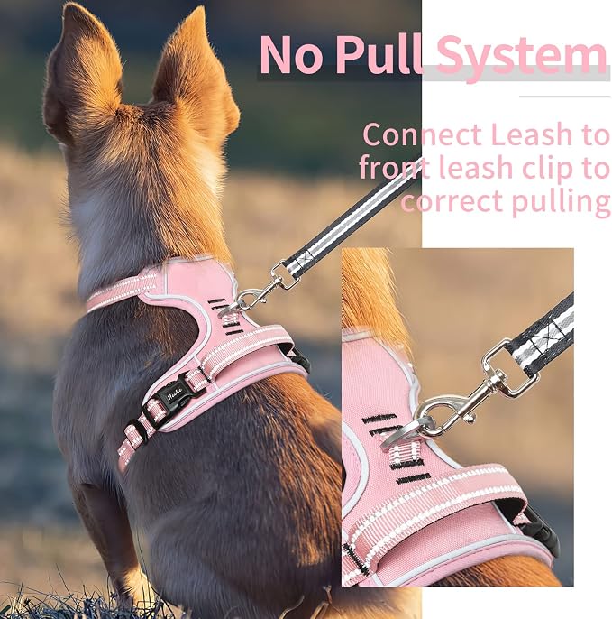 HEELE Dog Harness, No Pull Adjustable Padded Reflective Harness for Small Medium Large Dogs with Handle for Walking Training, Pink, L