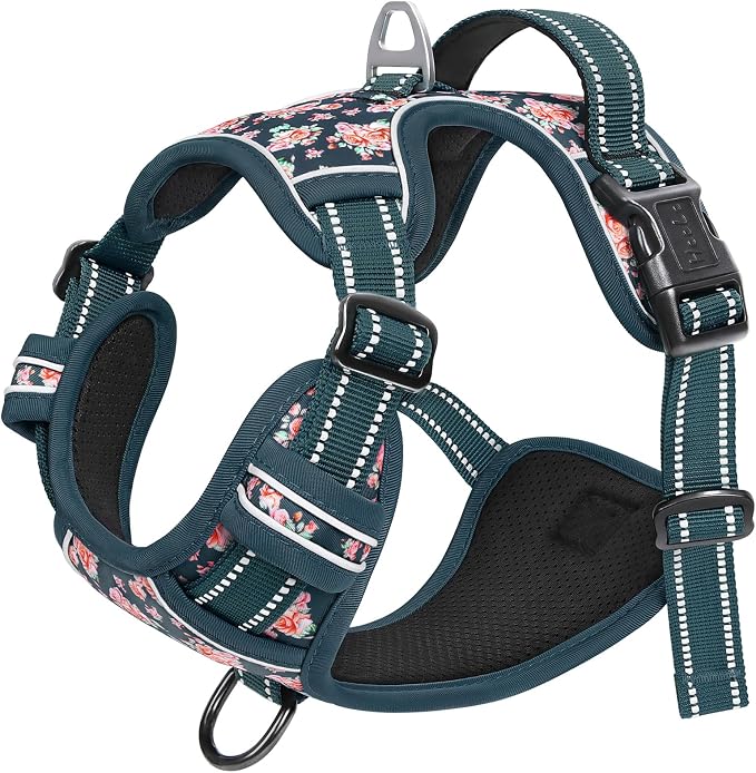 HEELE Dog Harness, Reflective, No Pull No Choke, Flower Blackish Green, S