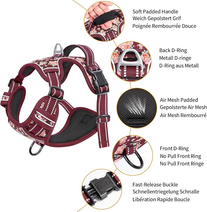 HEELE Large Dog Harness, Reflective, No Pull No Choke, Flower Burgundy, L
