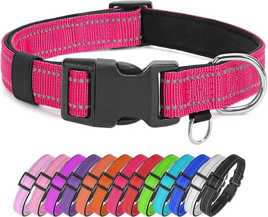 Reflective Nylon Dog Collar for Small Dogs,Neoprene Padding,Hot Pink,XS