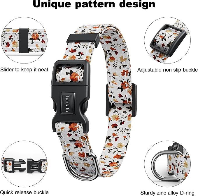 Tpotato Reflective Combination Pattern Girl Dog Collar for Puppy Small Medium Large Breed Dogs,Female Cute Floral Designer Dog Collars,Adjustable Soft Nylon Pet Collar,Quick Release Dog Collar M