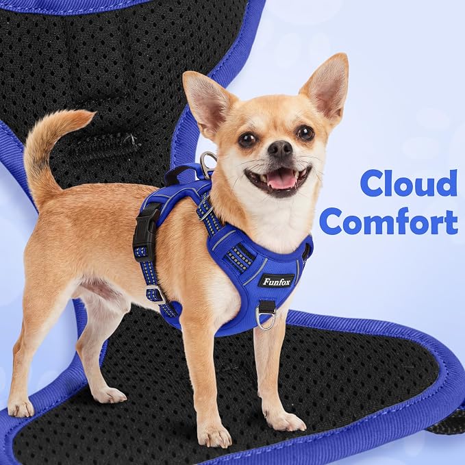 Funfox Dog Harness No Pull, Adjustable Pet Vest Harness, Super Soft Material with Vertical Handle Easy Control, Reflective Night Walking, 2 Leash Clips for Medium Sized Dogs, Blue, M