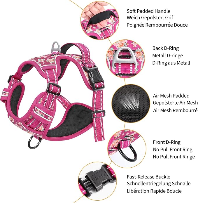 HEELE Dog Harness, Reflective, No Pull No Choke, Flower Rose, S