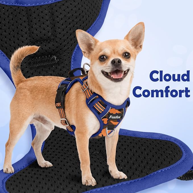 Funfox Dog Harness No Pull, Adjustable Pet Vest Harness, Super Soft Material with Vertical Handle Easy Control, Reflective Night Walking, 2 Leash Clips for Medium Sized Dogs, Camo Orange, M