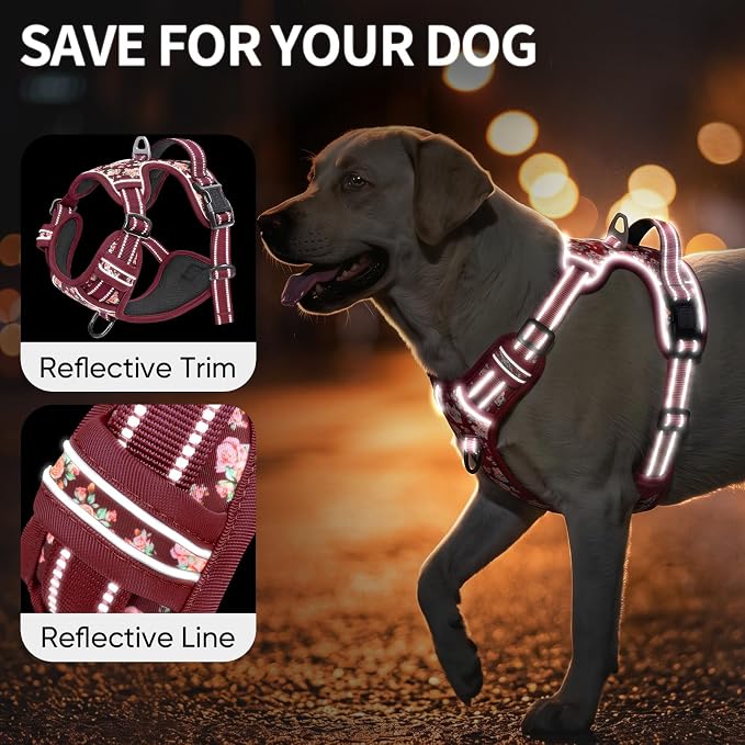 HEELE Large Dog Harness, Reflective, No Pull No Choke, Flower Burgundy, L