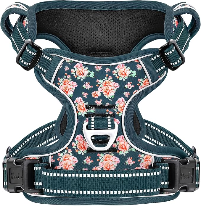 HEELE Dog Harness, Reflective, No Pull No Choke, Flower Blackish Green, S