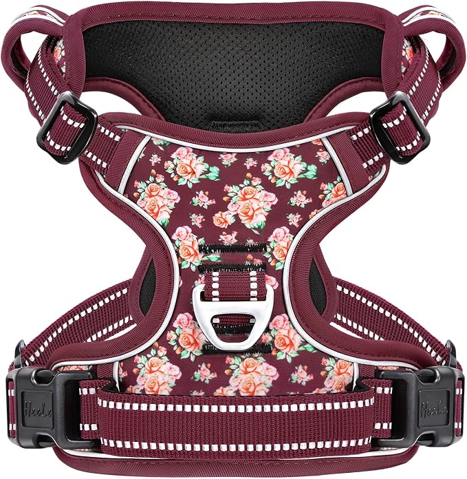 HEELE Large Dog Harness, Reflective, No Pull No Choke, Flower Burgundy, L