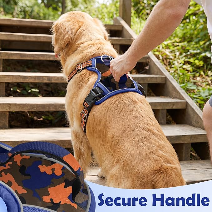 Funfox Dog Harness No Pull, Adjustable Pet Vest Harness, Super Soft Material with Vertical Handle Easy Control, Reflective Night Walking, 2 Leash Clips for Medium Sized Dogs, Camo Orange, M
