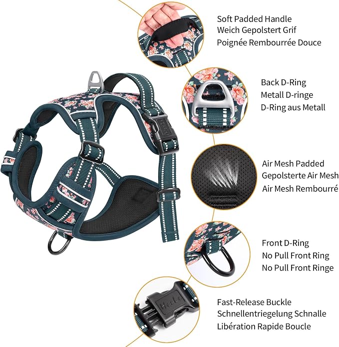 HEELE Dog Harness, Reflective, No Pull No Choke, Flower Blackish Green, S