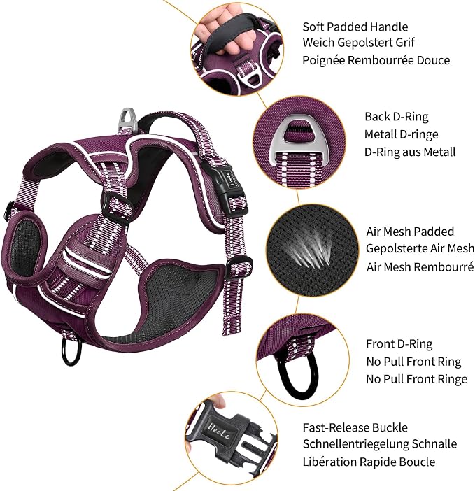 HEELE Dog Harness for Small Dogs No Pull Dog Vest Harness for Small Dog with Soft Padded Handle Reflective for Outdoor Training, Purple(Matching Trim), S