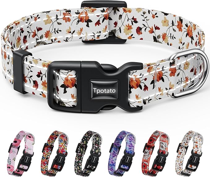 Tpotato Reflective Combination Pattern Girl Dog Collar for Puppy Small Medium Large Breed Dogs,Female Cute Floral Designer Dog Collars,Adjustable Soft Nylon Pet Collar,Quick Release Dog Collar XS