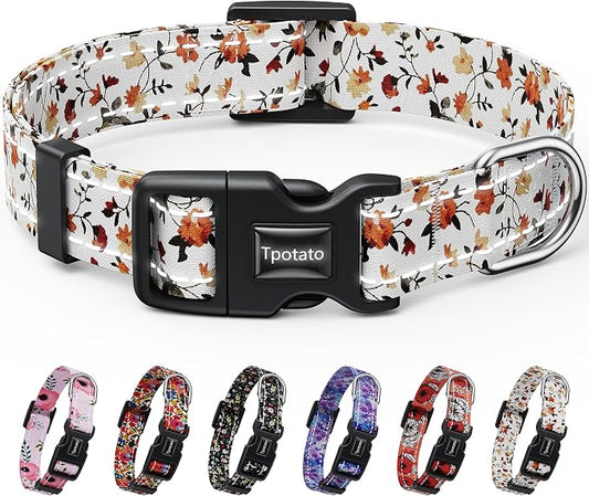 Tpotato Reflective Combination Pattern Girl Dog Collar for Puppy Small Medium Large Breed Dogs,Female Cute Floral Designer Dog Collars,Adjustable Soft Nylon Pet Collar,Quick Release Dog Collar S